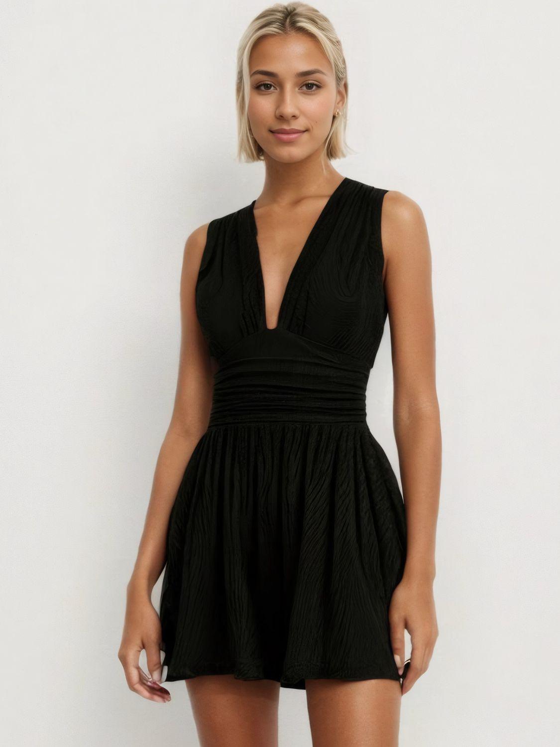 Ruched Plunge Sleeveless Romper - Znvia