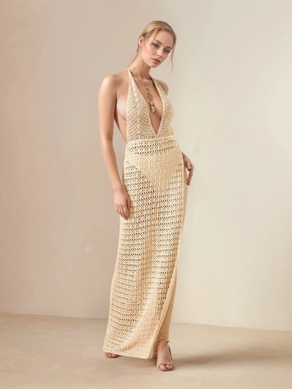 Hollow Out Halter Neck Cover-Up Dress - Znvia