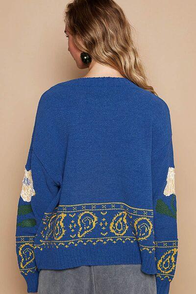Flower Lace Patch Long Sleeve Sweater - Znvia