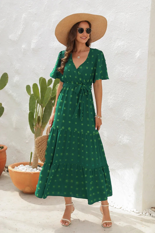 Swiss Dot Tied Surplice Short Sleeve Dress - Znvia