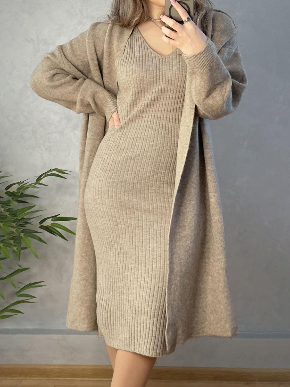 V-Neck Cami Dress and Open Front Cardigan Sweater Set – Effortless Elegance, Everyday Comfort - Znvia