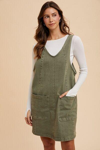 V-Neck Adjustable Strap Denim Overall Dress with Pockets - Znvia