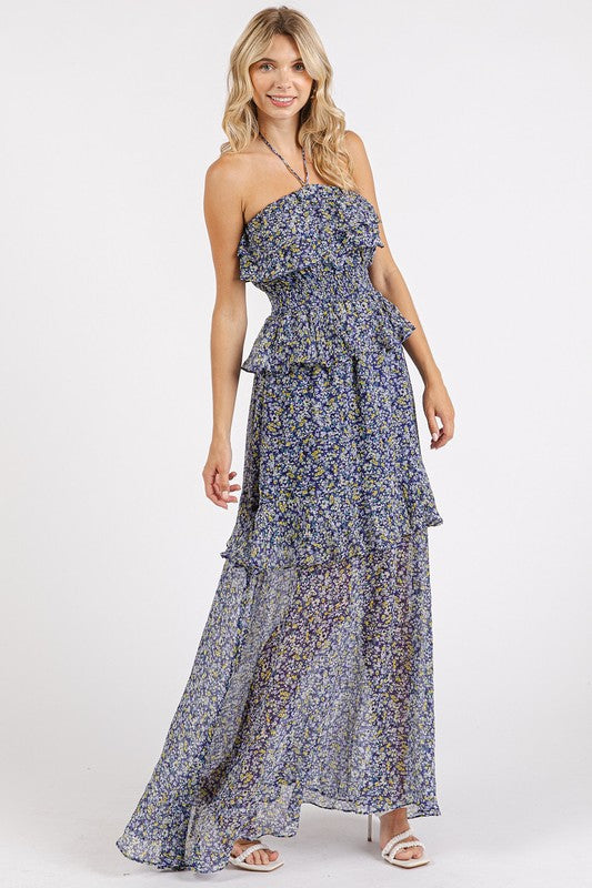 Ruffled Smocked Floral Halter Neck Maxi Dress - Znvia