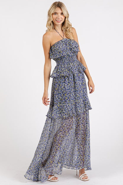 Ruffled Smocked Floral Halter Neck Maxi Dress - Znvia