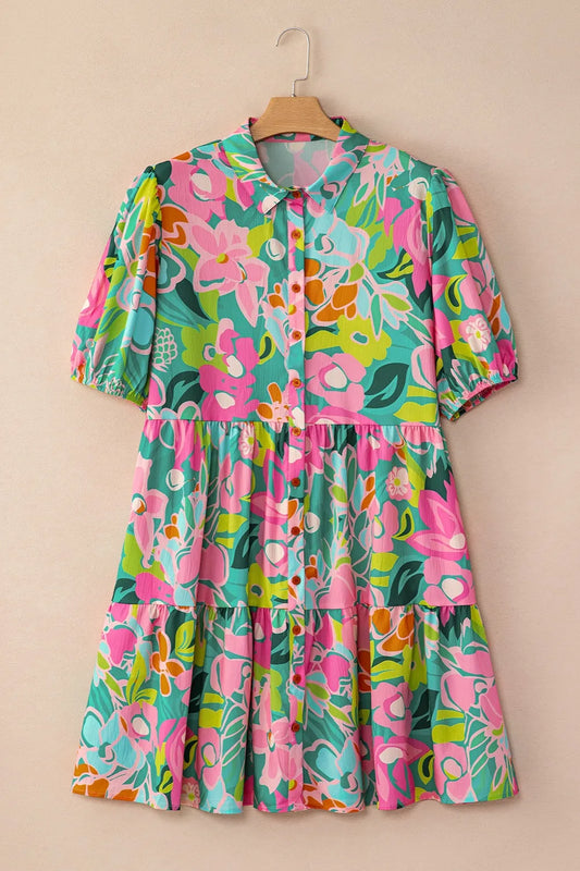 Printed Collared Neck Puff Sleeve Mini Dress - Znvia