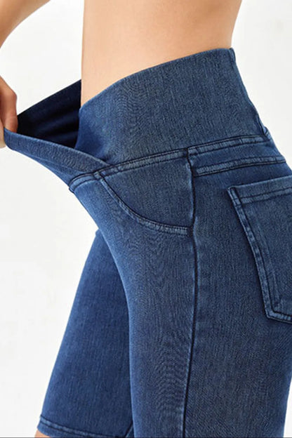 Asymmetrical Waist Denim Shorts with Pockets - Znvia