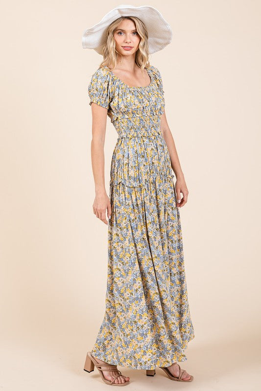 Flower Print Puff Sleeve Gathered Maxi Dress - Znvia