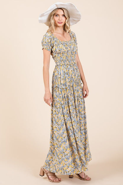 Flower Print Puff Sleeve Gathered Maxi Dress - Znvia