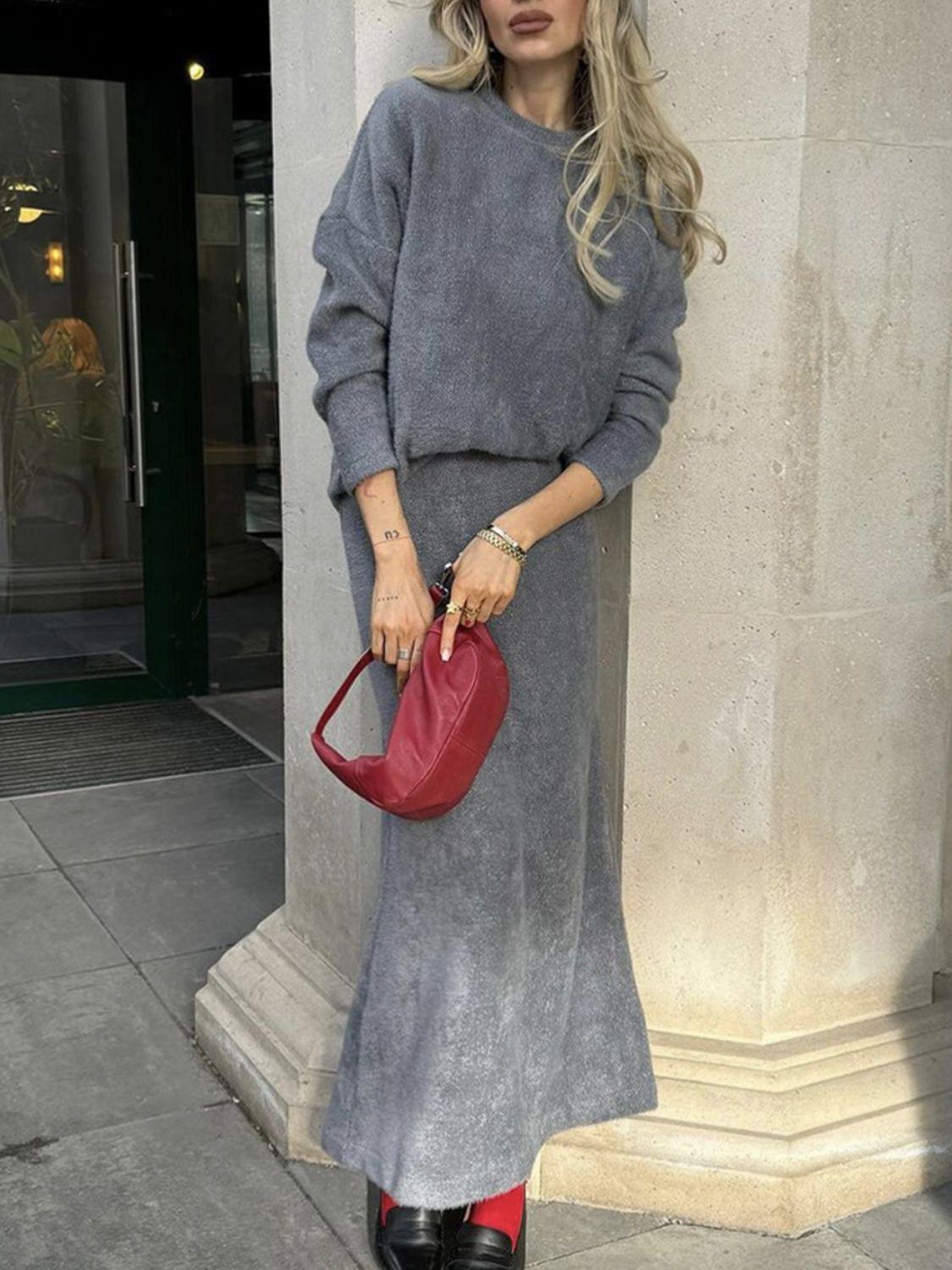 Round Neck Dropped Shoulder Top and Midi Skirt Sweater Set - Znvia