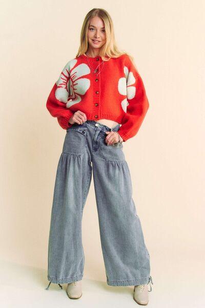 Flower Contrast Round Neck Long Sleeve Cardigan - Znvia