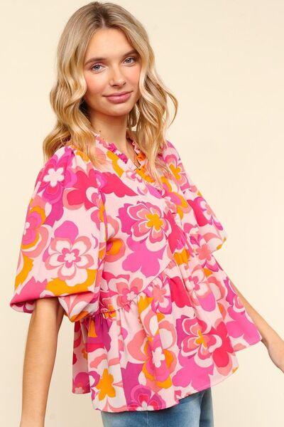 Full Size Frill Floral Puff Sleeve Blouse – Elegant, Feminine & Effortlessly Stylish - Znvia