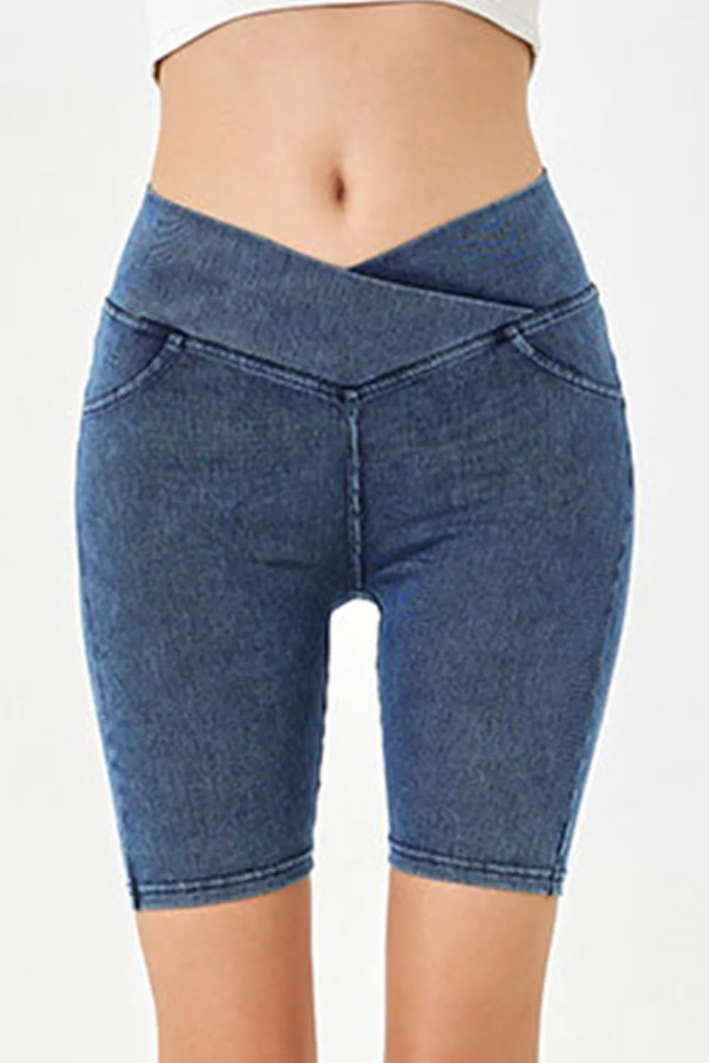 Asymmetrical Waist Denim Shorts with Pockets - Znvia