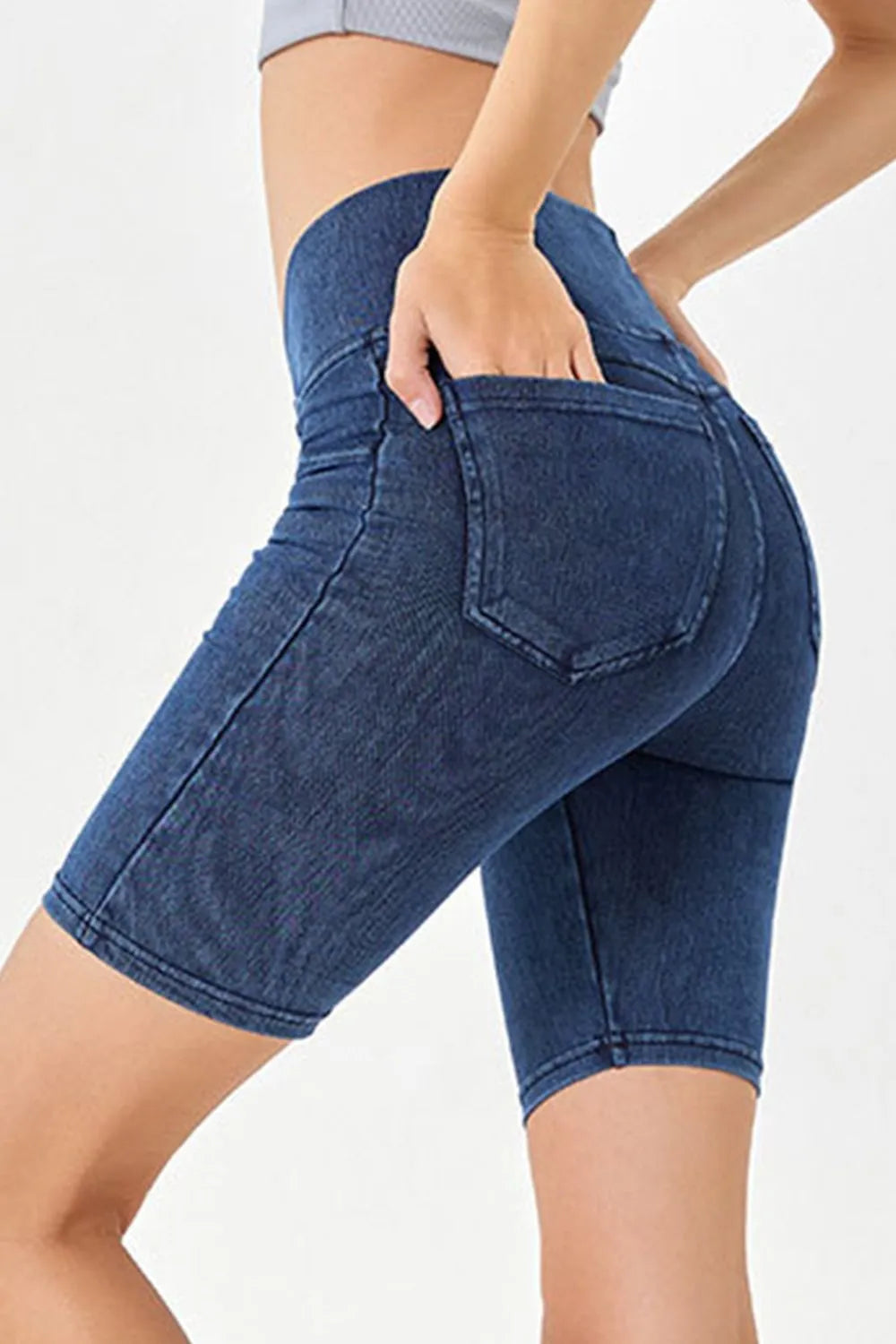Asymmetrical Waist Denim Shorts with Pockets - Znvia