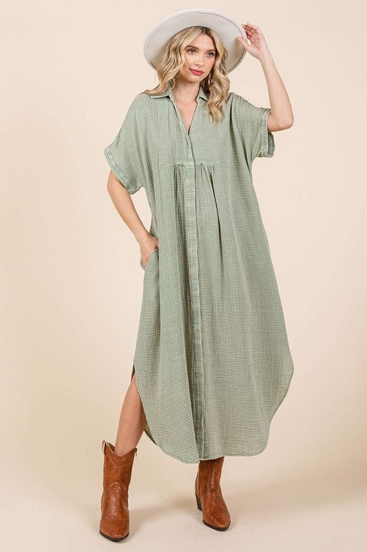 Mineral Wash V-Neck Button-Up Midi Shirt Dress - Znvia