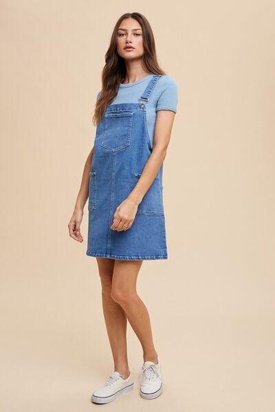 Wear Wide Strap Denim Overall Dress with Pockets - Znvia