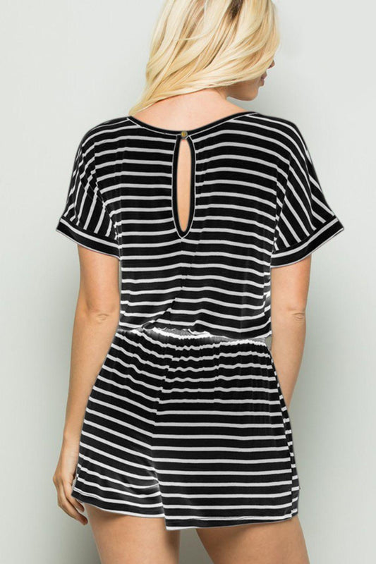 Full Size Striped Round Neck Short Sleeve Romper - Znvia