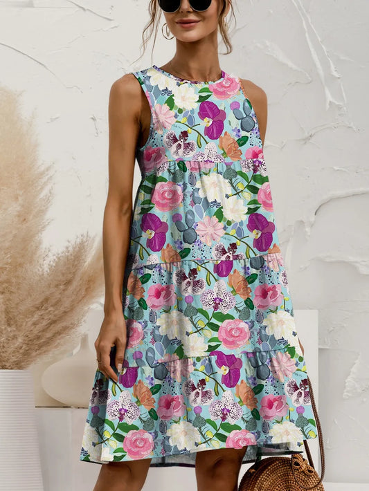 Printed Round Neck Sleeveless Tiered Dress - Znvia
