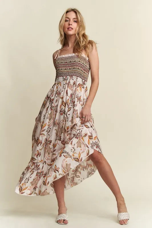 Smocked Printed Square Neck Tie Shoulder Cami Dress - Znvia