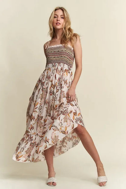 Smocked Printed Square Neck Tie Shoulder Cami Dress - Znvia