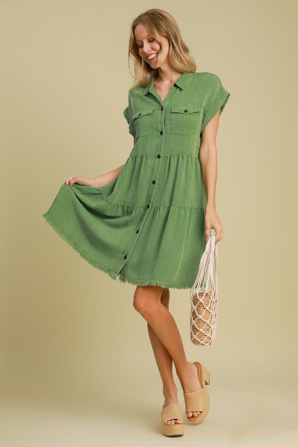Full Size Frayed Hemline Button-Down Shirt Dress – Plus Size - Znvia