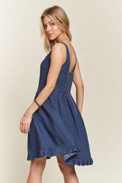 Smocked Back Square Neck Denim Dress - Znvia