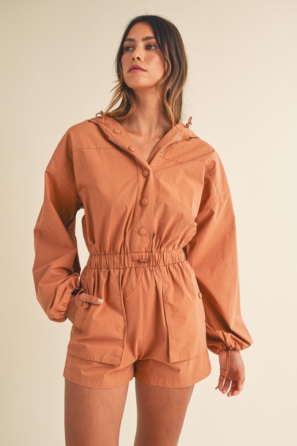 Snap Down Long Sleeve Hooded Romper - Znvia