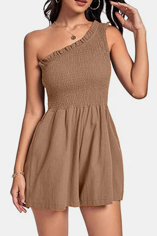 Smocked Single Shoulder Romper - Znvia