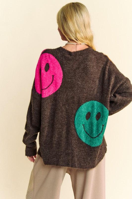Contrast Smile Round Neck Oversize Sweater - Znvia