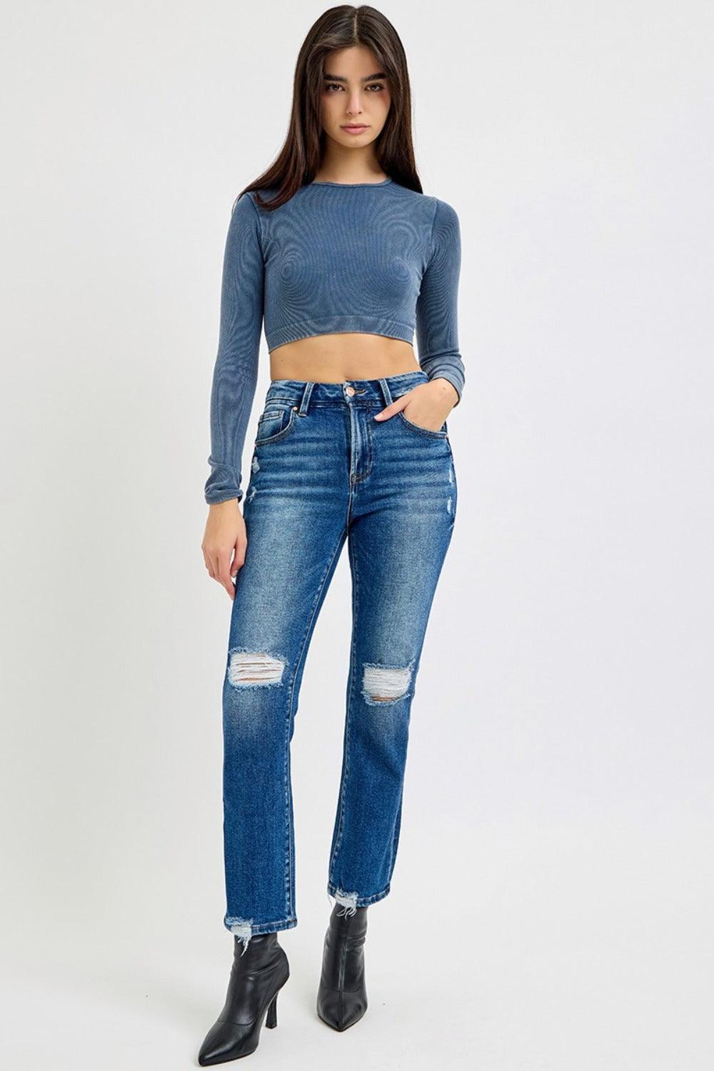 Full Size High Rise Distressed Crop Straight Jeans – Effortless Style with a Trendy Edge - Znvia