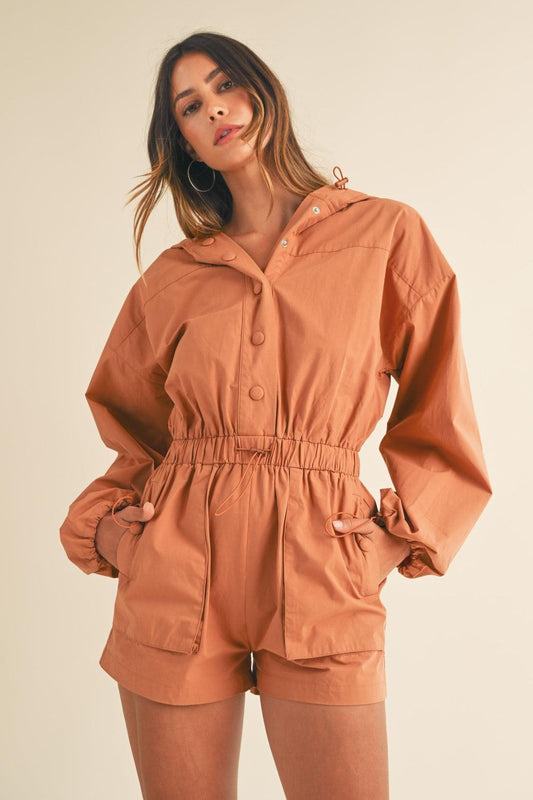 Snap Down Long Sleeve Hooded Romper - Znvia