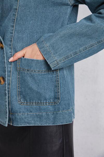 Pocketed Button Up Denim Jacket - Znvia