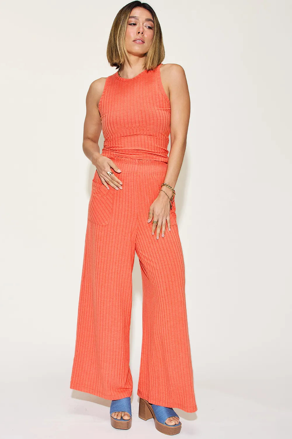 Full Size Ribbed Tank and Wide Leg Pants Set - Znvia