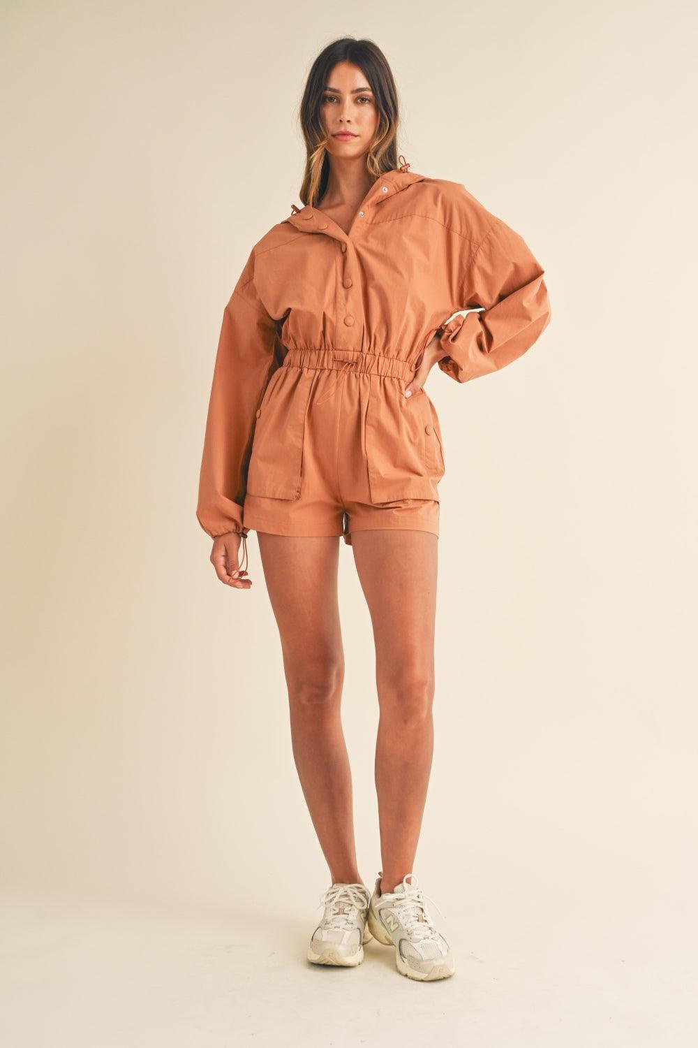 Snap Down Long Sleeve Hooded Romper - Znvia