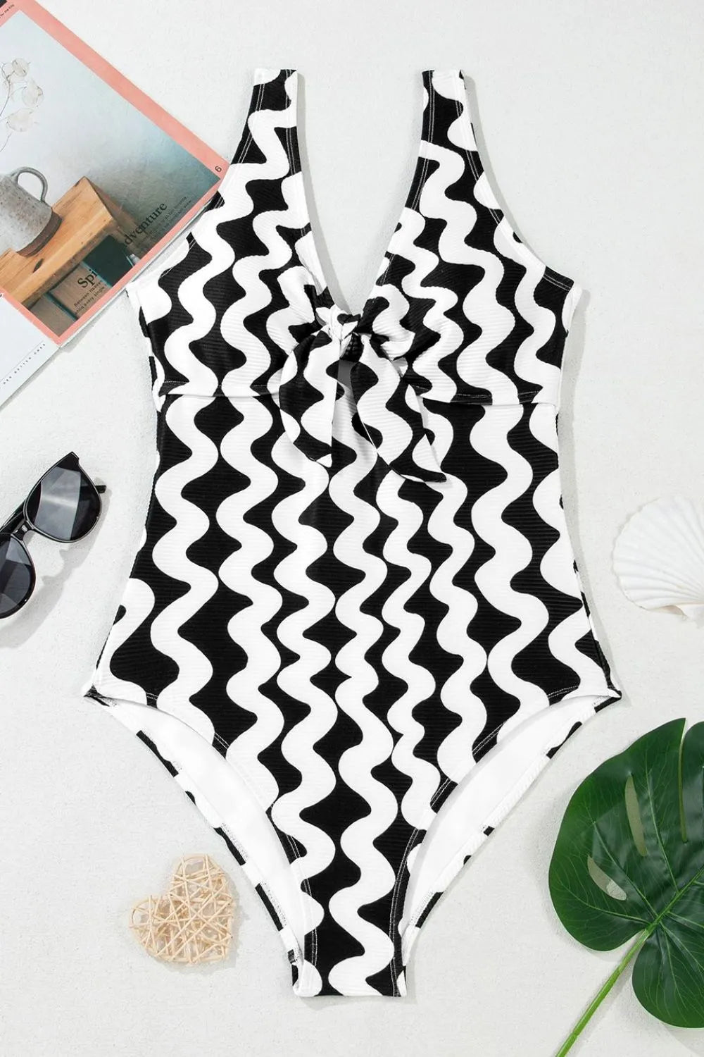 Stunning Tied Front Contrast Striped One-Piece Swimsuit, Flattering Fit - Znvia