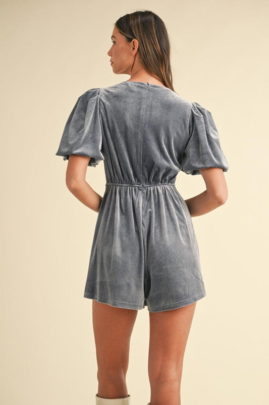 Jewel Bow Decor Puff Sleeve Velvet Romper - Znvia