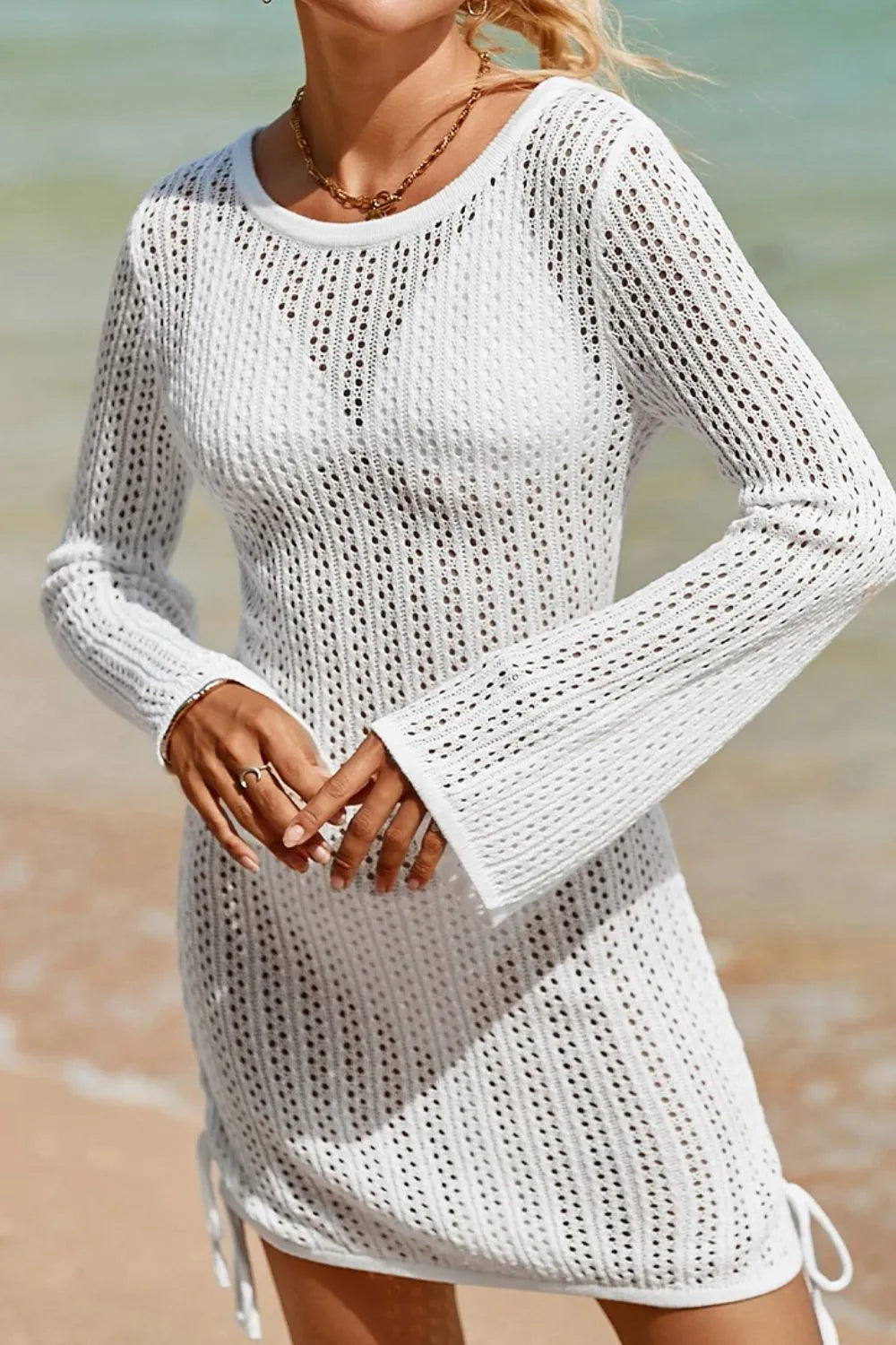 Hollow Out Bell Sleeve Drawstring Knit Cover Up Dress for Effortless Style - Znvia