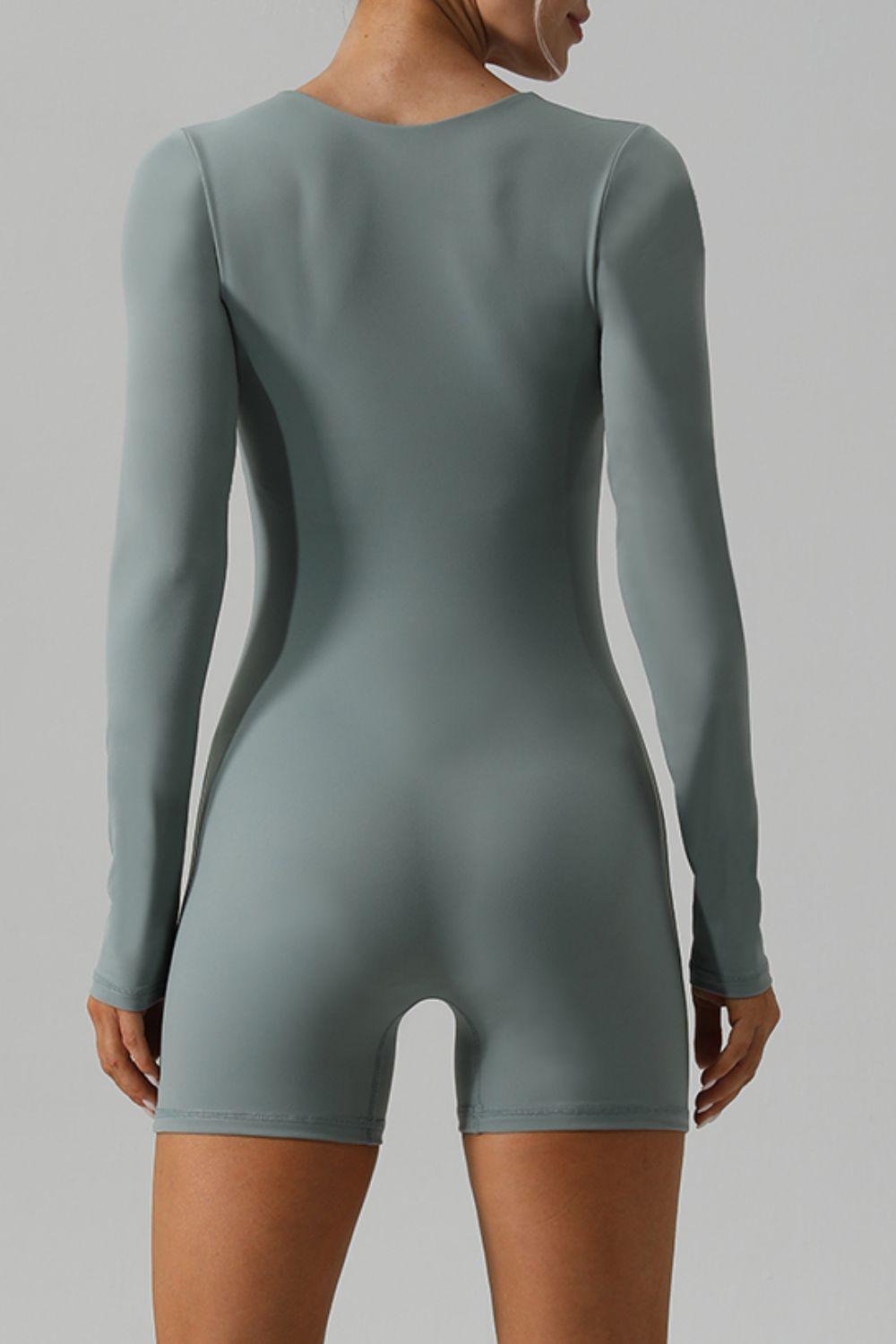 Square Neck Long Sleeve Active Romper - Znvia