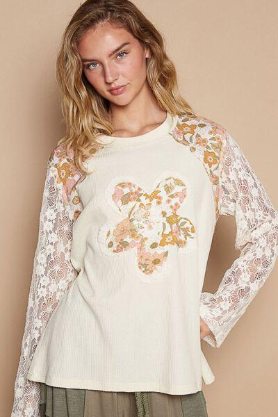 Flower Patch Lace Sleeve Knit Top – Effortlessly Chic, Undeniably Stylish - Znvia