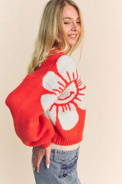Flower Contrast Round Neck Long Sleeve Cardigan - Znvia