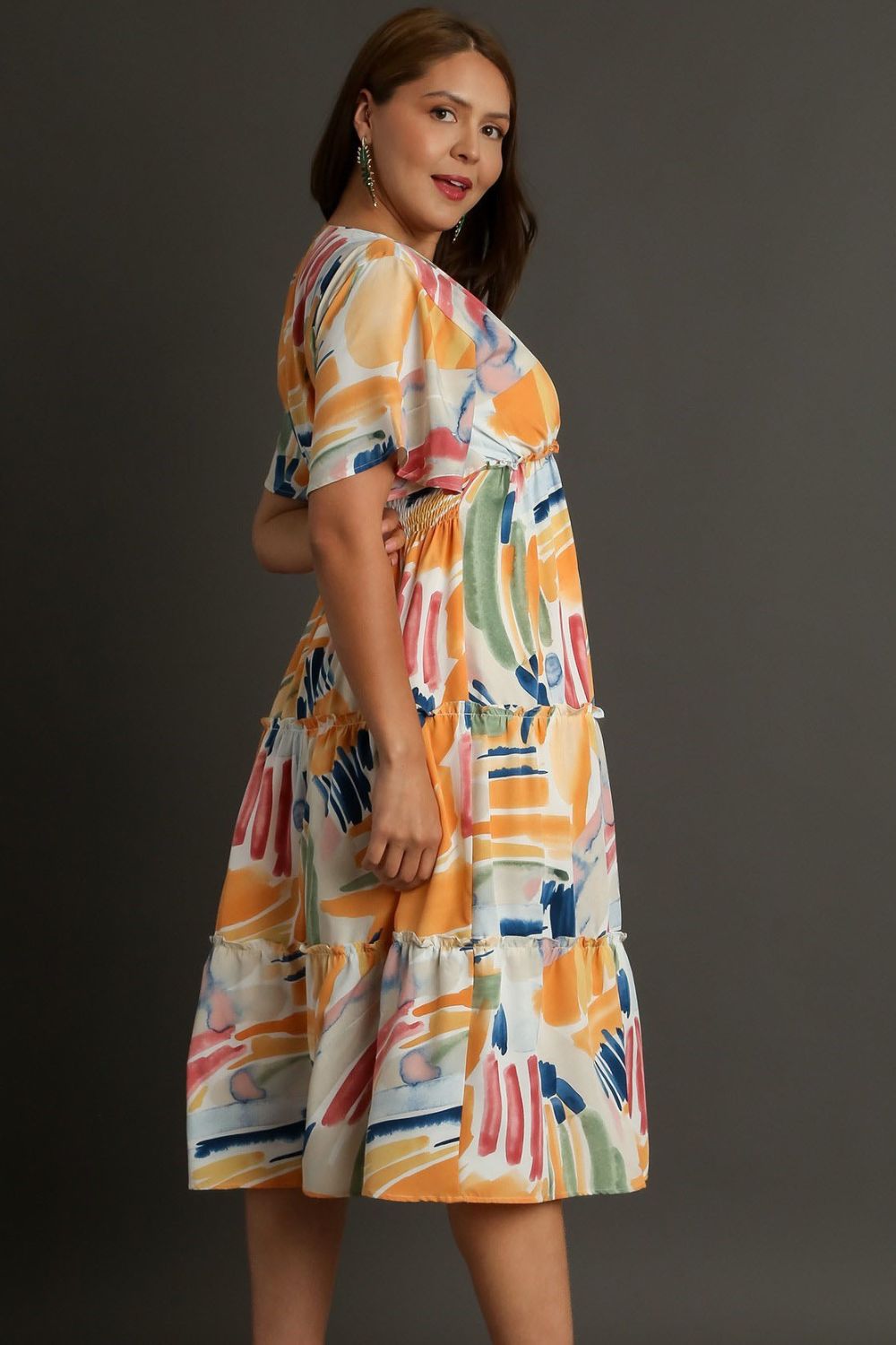 Full Size Abstract Print Flutter Sleeve Frill Tiered Midi Dress – Plus Size - Znvia