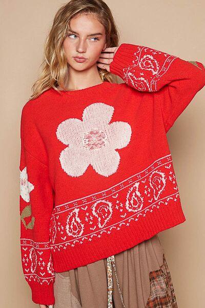 Flower Lace Patch Long Sleeve Sweater - Znvia