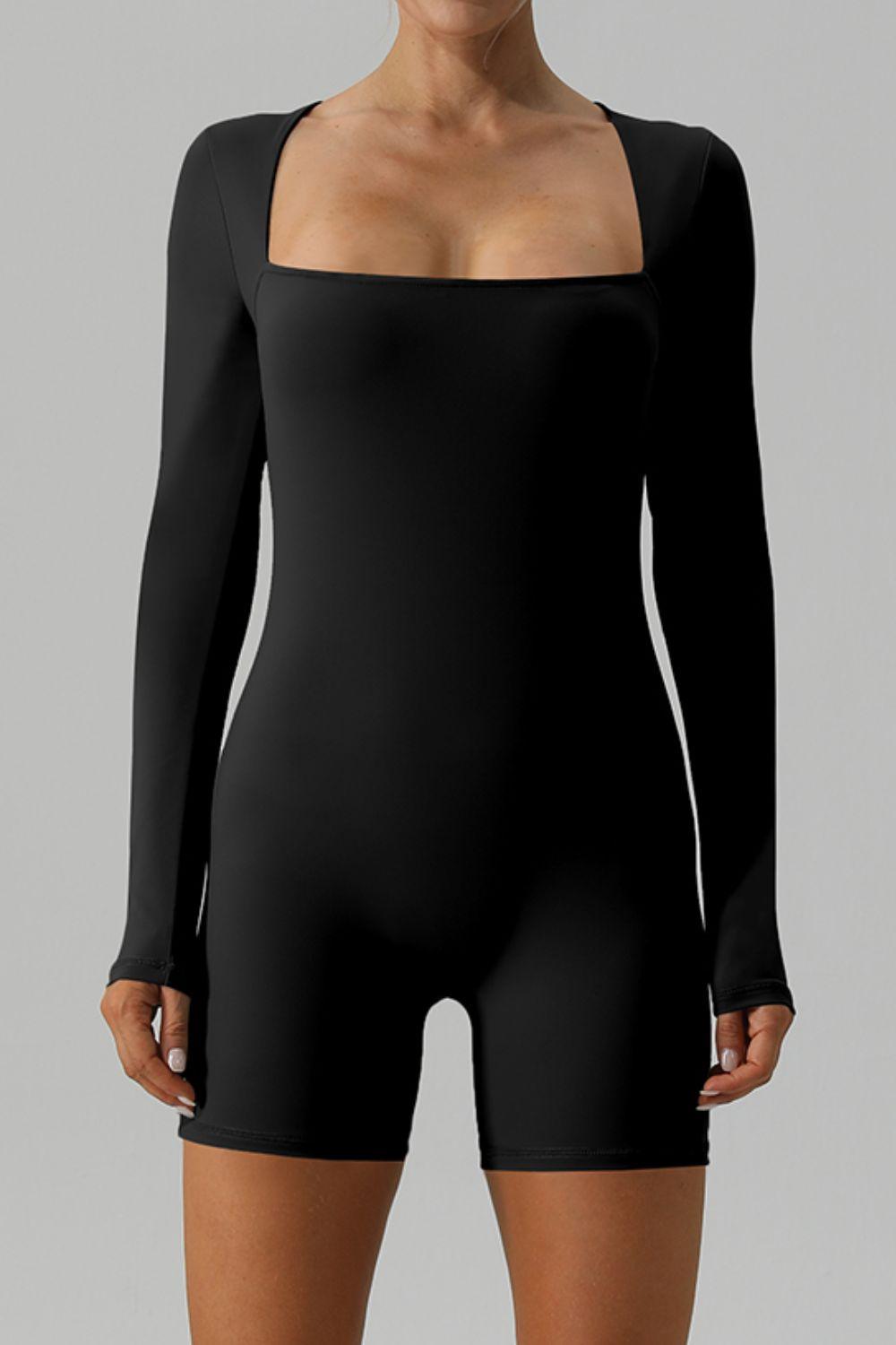 Square Neck Long Sleeve Active Romper - Znvia