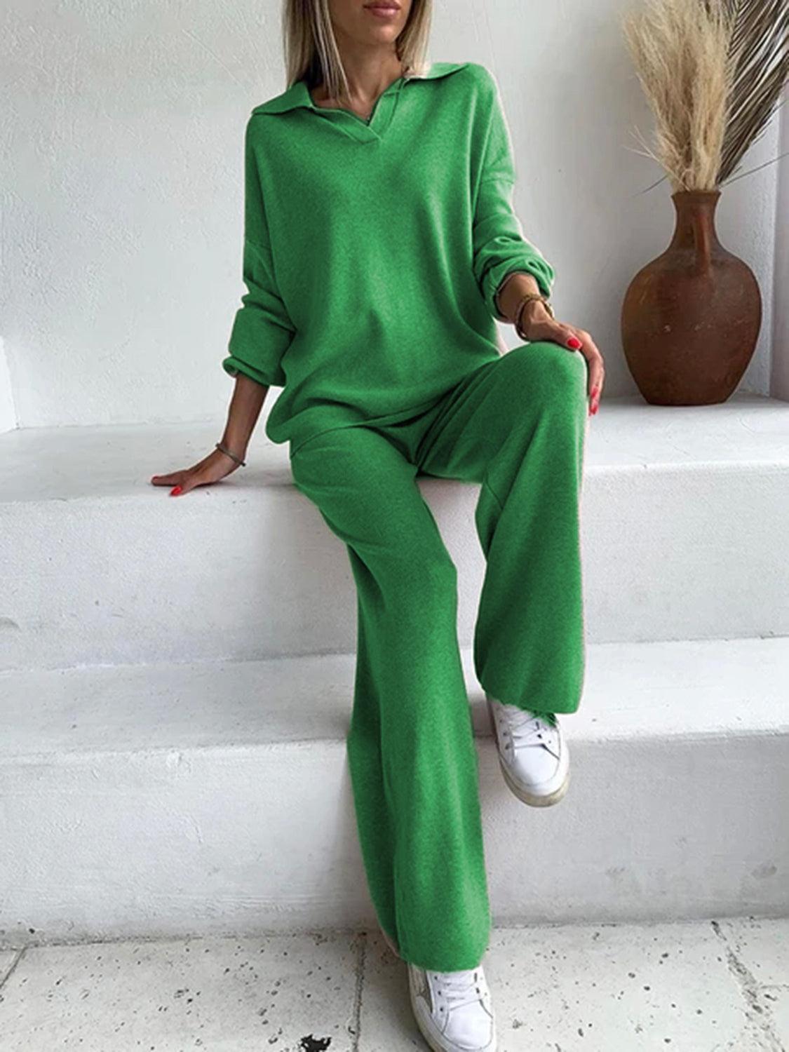Johnny Collar Long Sleeve Top and Pants Sweater Set – Effortless Style and Comfort - Znvia