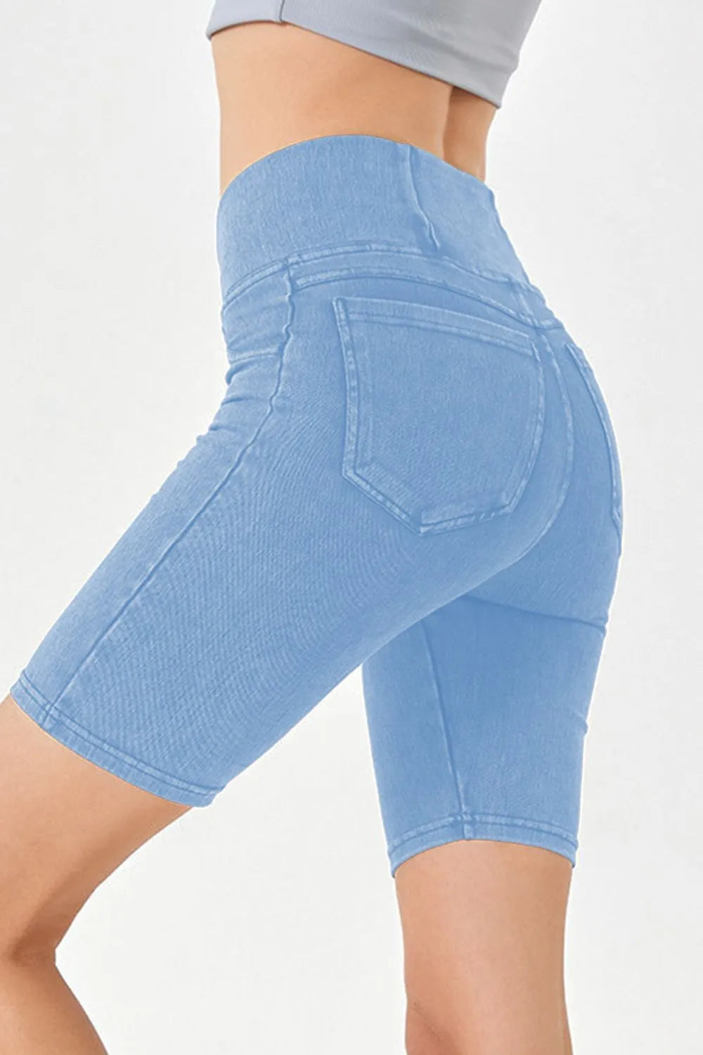 Asymmetrical Waist Denim Shorts with Pockets - Znvia