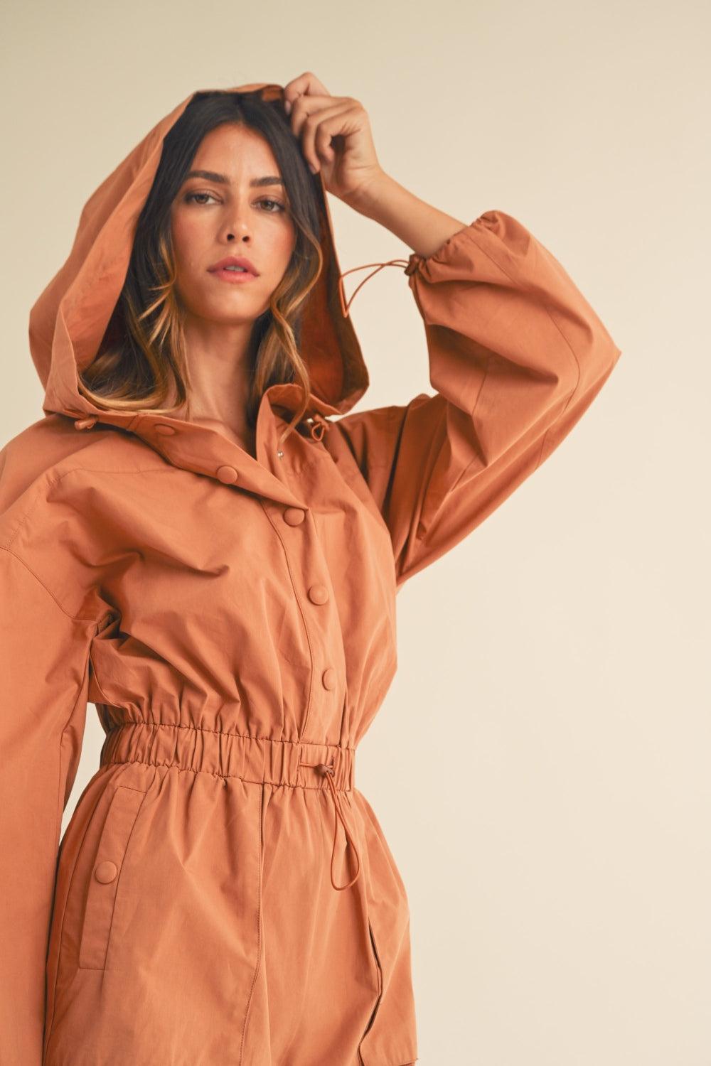 Snap Down Long Sleeve Hooded Romper - Znvia