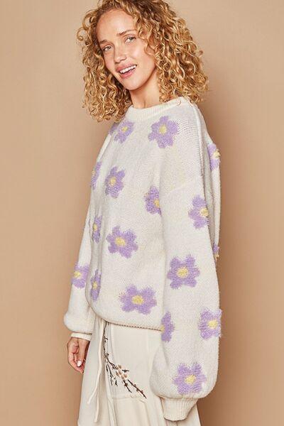 Daisy Pattern Drop Shoulder Sweater - Znvia