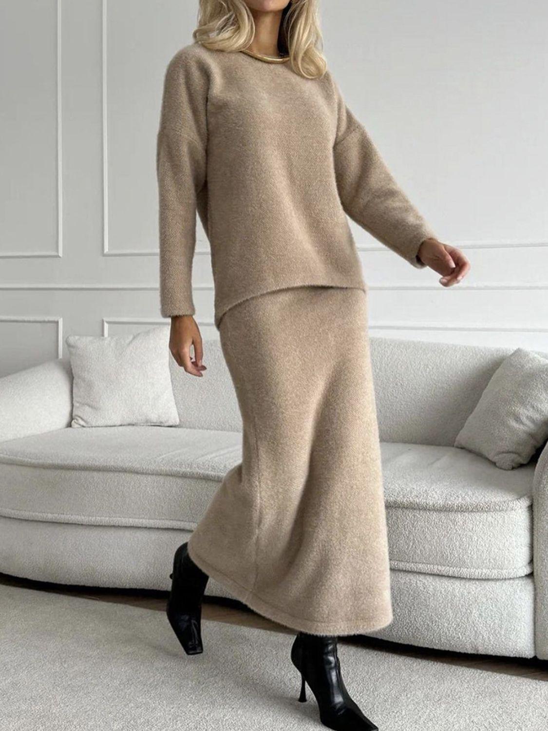Round Neck Dropped Shoulder Top and Midi Skirt Sweater Set - Znvia
