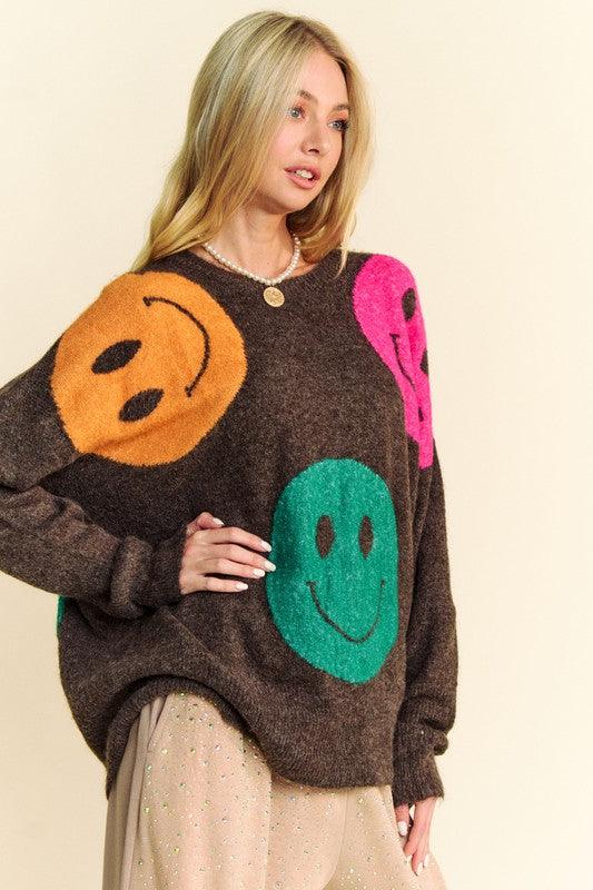 Contrast Smile Round Neck Oversize Sweater - Znvia