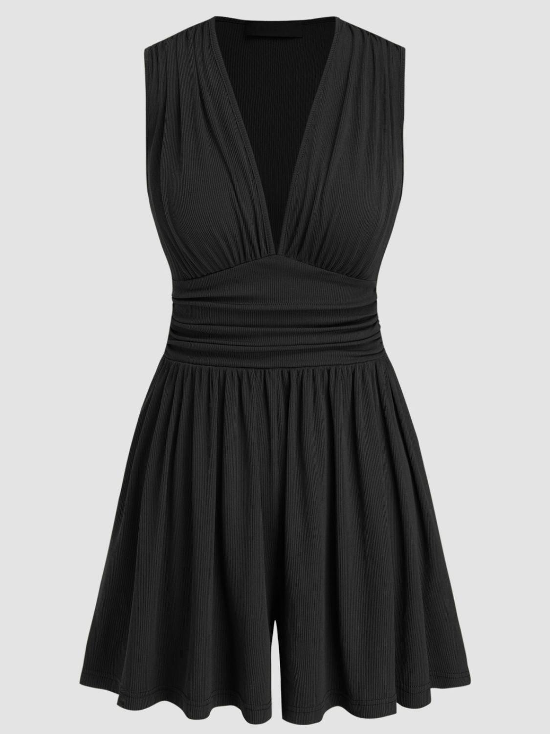 Ruched Plunge Sleeveless Romper - Znvia