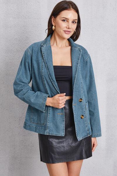 Pocketed Button Up Denim Jacket - Znvia